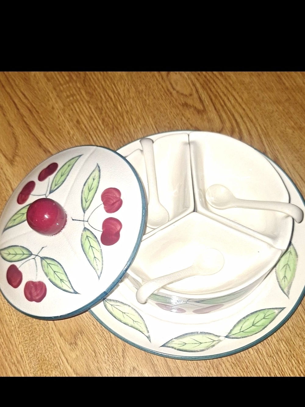 Vintage Cherry Leaf Ceramic Condiment Server with Lid - White